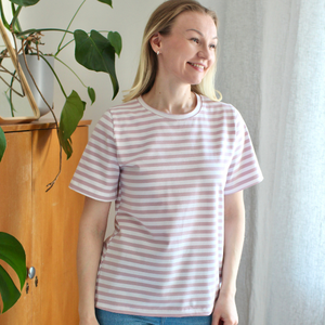 DELUX Raidallinen: Hento vaaleanpunainen-valkoinen -trikoo 80cm PALA