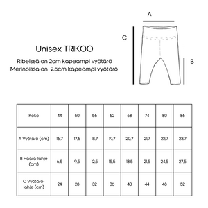 PILVIPOLKU - Lasten legginsit trikoolle, merinovillalle, ribbitrikoolle koot 44-170, PDF